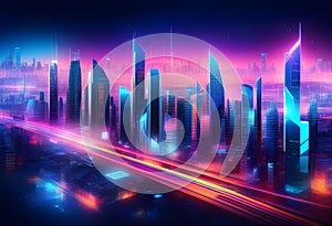 Panoramic urban architecture, cityscape with space and neon light effects