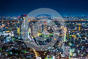 Panoramic urban city skyline aerial view under twilight sky and neon night in tokyo, Japan