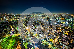 Panoramic urban city skyline aerial view under twilight sky and neon night in tokyo, Japan