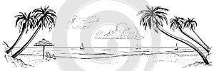 Panoramic vector beach view. Illustration with palms and parasol. Black and white handmade drawing.