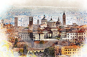 Panoramic veiw on Upper old city Citta Alta in Bergamo with historic buildings.