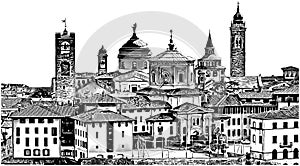 Panoramic veiw on Upper old city Citta Alta in Bergamo with historic buildings.