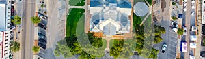 Panoramic vertical aerial view of Historic Hood County Courthouse in Downtown Square Granbury, Texas, USA