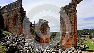 Panoramic video of Olba, Turkey, showcasing archaeology, ancient ruins. Footage highlights main gate, archaeology in