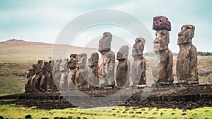 Panoramic view of the 15 Moai of Ahu Tongariki on Easter Island