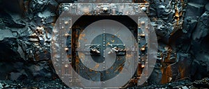 Panoramic view of abandoned mine tunnel entrance with dark catacomb inside. Concept Abandoned Mine photo