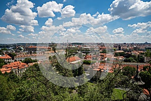 Panoramic view above at Charles Bridge Prague Castle and river Vltava Prague Czech Republic