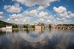 Panoramic view above at Charles Bridge Prague Castle and river Vltava Prague Czech Republic