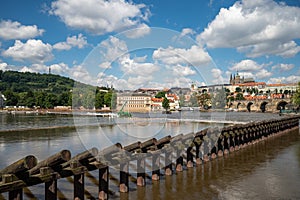 Panoramic view above at Charles Bridge Prague Castle and river Vltava Prague Czech Republic