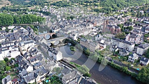 Panoramic view from above on the city Espalion and river Lot. France