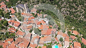 Panoramic view from above on the city Eus. Small town located on high mountain. Eastern Pyrenees. France