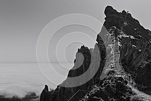 Panoramic view above clouds on `Pico do Arieiro` Sandbox Peak- Stairs to heaven Madeira, Portugal