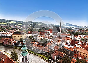Panoramic view from above of the medieval town of Cesky Krumlov.