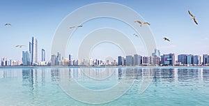 Panoramic view of Abu Dhabi Skyline UAE with skyscrapers and sea with seagulls