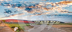 Panoramic view of Abu Dhabi Sports Racing Stadium at sunset, UAE