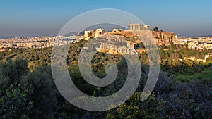 Panoramic view of the Acropolis of Athens, with the Parthenon Temple at sunset, Athens, Greece.