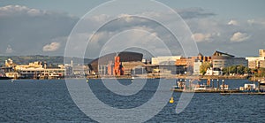 A panoramic view across Cardiff Bay in Wales, UK.