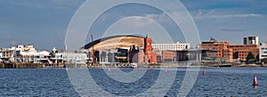 A panoramic view across Cardiff Bay in Wales, UK, on a sunny day in Autumn