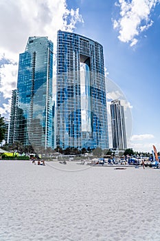 Panoramic view across JBR Beach with Address Beach Resort hotel during a sunny day