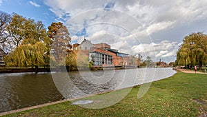 Panoramic view across the River Avon to the Royal Shakespeare Company RSC theatre in Stratford upon Avon, Warwick shire, UK