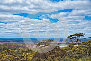 Panoramic view across a salt lake and a gold mine, Western Australia