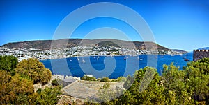 Panoramic View of Aegean sea, traditional white houses marina from Bodrum Castle, Turkey