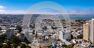 Panoramic view of aerial Lombard Street, an east west street in San Francisco, California.