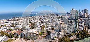 Panoramic view of aerial Lombard Street, an east west street in San Francisco, California.