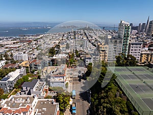 Panoramic view of aerial Lombard Street, an east west street in San Francisco, California.