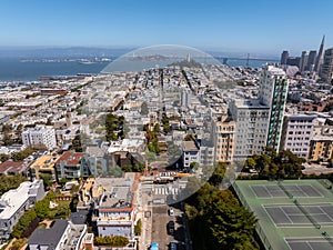 Panoramic view of aerial Lombard Street, an east west street in San Francisco, California.