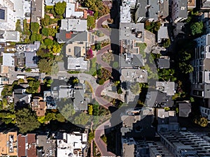 Panoramic view of aerial Lombard Street, an east west street in San Francisco, California.