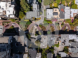 Panoramic view of aerial Lombard Street, an east west street in San Francisco, California.