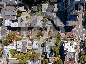 Panoramic view of aerial Lombard Street, an east west street in San Francisco, California.