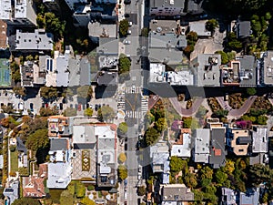 Panoramic view of aerial Lombard Street, an east west street in San Francisco, California.