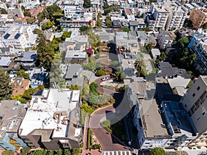 Panoramic view of aerial Lombard Street, an east west street in San Francisco, California.