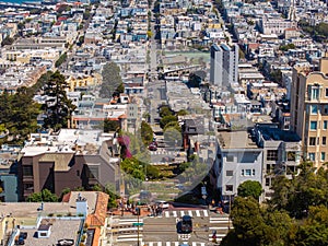 Panoramic view of aerial Lombard Street, an east west street in San Francisco, California.