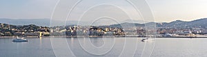 Panoramic view, aerial skyline of city Cannes, Mediterranean Sea with yachts, coastline, port morning at dawn in Cannes, Cote d`