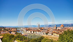 Panoramic view, aerial skyline of Florence Firenze Cathedral of Santa Maria del Fiore, Ponte Vecchio bridge over Arno River,