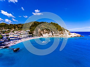 Panoramic view of Agios Nikitas Beach in Lefkada, Greece. Aerial