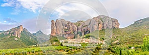 Panoramic view at the Aguero village with Mallos de Aguero rock formations in Spain