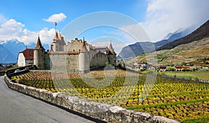 Panoramic view of the Aigle castle and vineyards in swiss Alps mountains, Switzerland