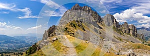 Panoramic view of Aiguilles de Chabrieres in Summer. Ecrins National Park, Hautes-Alpes, Alps