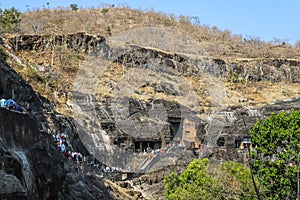 Panoramic view of Ajanta Buddhist cave 200 BC to 480 CE, Aurangabad, Maharashtra, India, with Paintings & rock-cut sculptures,