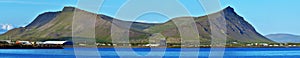 Panoramic view at Akrafjall mountain and Akranes town in the border of Faxa Bay in Vesturland region of Iceland photo