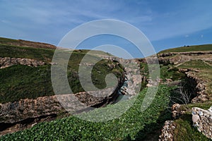 Panoramic view of Aksu River canyon in Kazakhstan in spring
