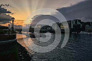 Panoramic view along the Thames river with a beautiful sunset