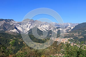 Panoramic view of Alpi Apuane mountain chain in Tuscany, Italy