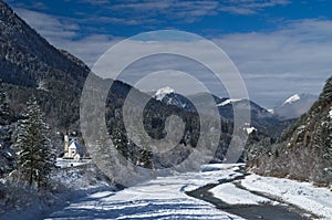 Panoramic view of the alpine village of Bagni di Lusnizza and the Fella River photo