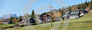 Panoramic view of the alpine village Grundlsee in the autumn. View of the Alps. Grundlsee, Styria, Austria