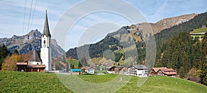 Panoramic view of the alpine village Schroecken in the fall. State of Vorarlberg, Austria, Europe